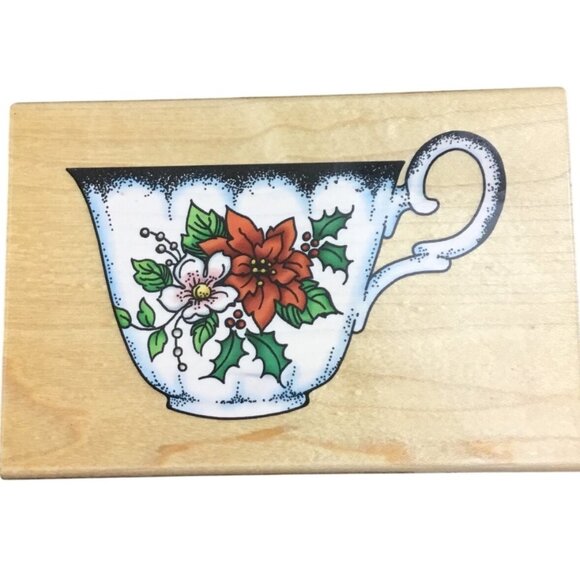 Stampendous P068 Holiday Teacup Pointsettia Christmas Tea Cup Rubber Stamp - Picture 1 of 3